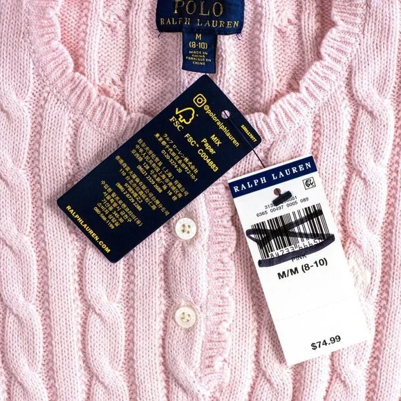 NEW Polo Ralph Lauren Girls Cable Knit Cotton Sweater Dress Pale Pink $75 M 8-10 - Picture 8 of 10